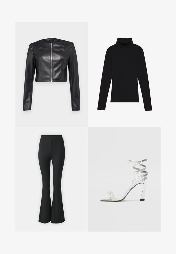 ONLY ONLECHO JACKET - Giacca in similpelle - black; Maglione a collo alto nero a maniche lunghe, realizzato in tessuto a coste, presenta un design aderente con un collo alto e senza motivi o dettagli.; Pantaloni neri a campana realizzati in tessuto elastico. Presentano una vita alta e un design liscio e aderente che si allarga dal ginocchio in giù.; Sandal alta argentata con design di cinturini lucidi, caratterizzata da un accento simile a una perla e una cinghia attorcigliata alla caviglia per una vestibilità sicura.