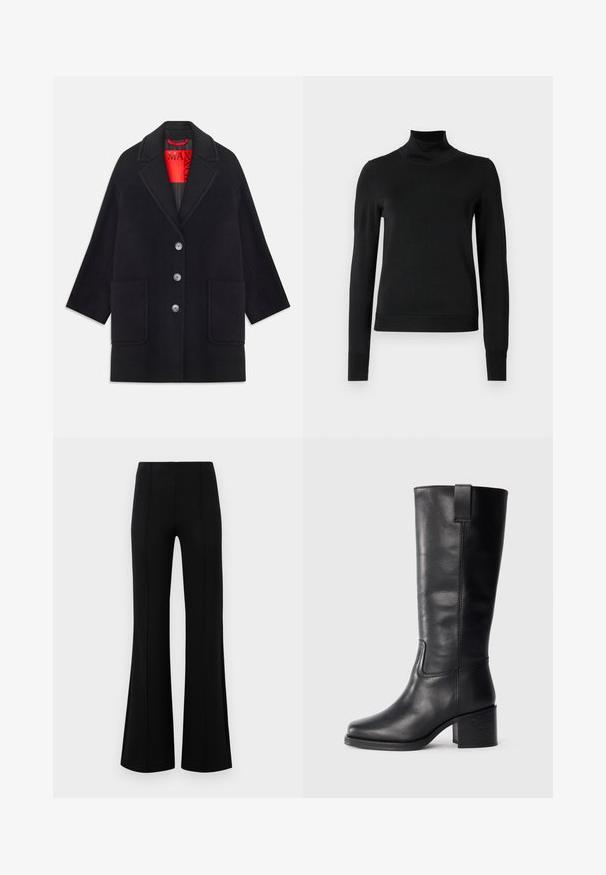 Čierny vlnený kabát so štruktúrovaným dizajnom, dlhými rukávmi, dvomi prednými vreckami a piatimi gombíkovými zapínaniami. Podšívka je z jasne červenej látky.; Čierny dlhý rukáv rolák s rebrovanými manžetami a lemom, zobrazený na čistej bielej pozadí.; Čierne rozšírené nohavice s vysokým pásom, vyrobené z elastického materiálu. Obsahujú vertikálne švy na prednej strane a hladkú textúru.; Čierne kožené čižmy po kolená so hladkou textúrou, štvorcovou špičkou, blokovým podpätkom a bočným úchytom, s minimálnymi švami.