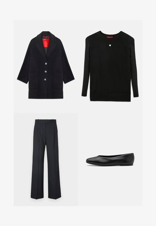 Sort uldfrakke med en struktureret design, lange ærmer, to forlommer og fem knaplukninger. Foret med klart rødt stof.; Sort striktrøje med lange ærmer, rund halsudskæring og et lille hvidt hjerte på brystet. Blød tekstur og ribbede manchetter og kant.; Mørkeblå stribede bukser med høj talje, vidde bendesign og ingen synlig hardware eller dekorationer. Glat tekstur og skræddersyet pasform.; Paul Smith TOPANGA - Ballerinasko - black
