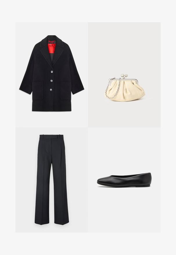 Sort uldfrakke med en struktureret design, lange ærmer, to forlommer og fem knaplukninger. Foret med klart rødt stof.; Sort striktrøje med lange ærmer, rund halsudskæring og et lille hvidt hjerte på brystet. Blød tekstur og ribbede manchetter og kant.; Mørkeblå stribede bukser med høj talje, vidde bendesign og ingen synlig hardware eller dekorationer. Glat tekstur og skræddersyet pasform.; Paul Smith TOPANGA - Ballerinasko - black; Plisseret beige læderclutch med en sølvmetalramme, der har to runde dekorative låse og en sølvkædetrasporte.
