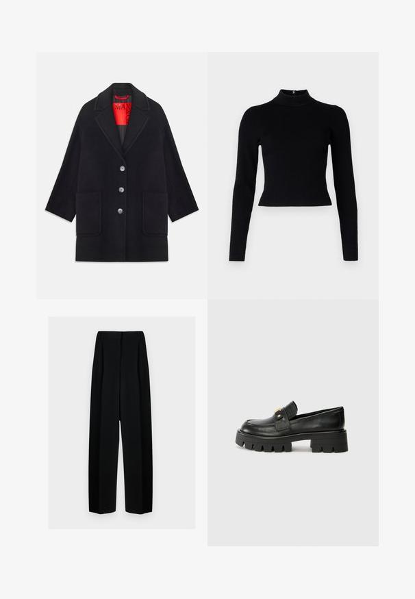 Palton negru din lână cu un design structurat, mâneci lungi, două buzunare frontale și cinci închideri cu nasturi. Căptușit cu o țesătură roșie strălucitoare.; Pulover negru cu guler înalt, cu mâneci lungi și o siluetă ajustată, având o textură netedă și un detaliu cu fermoar la spate.; Pantaloni negri evazați cu talie înaltă, având plisseuri și o textură netedă. Țesătura pare ușoară și se așază elegant.; Mocasini negri din piele cu o talpă groasă, având un accent aurit în față și un finisaj neted. Design cu ștanțare groasă pe talpă.