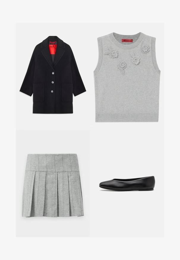 Black wool coat with a structured design, long sleeves, two front pockets, and five button closures. Lined with bright red fabric.; Light grey sleeveless sweater with a ribbed neckline and hem. Features three textured floral appliqués on the front. Brand label: MAX&Co.; Gray pleated skirt made from herringbone-patterned fabric; features a structured waistband and a straight cut at the bottom.; Paul Smith TOPANGA - Ballet pumps - black