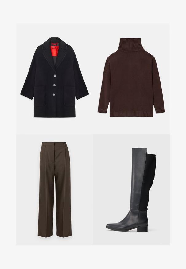 Zwarte wollen jas met een gestructureerd ontwerp, lange mouwen, twee voorzakken en vijf knoopsluitingen. Gevoerd met felrode stof.; Bordeaux gebreide turtleneck trui met een hoge geribbelde kraag, verlaagde schouders en geribbelde manchetten en zoom. Gladde textuur met een ontspannen pasvorm.; Bruine wijde broek met een gladde textuur, voorzien van een hoge taille, plooien aan de voorkant en een tailored ontwerp. Geen zichtbare zakken of versieringen.; Hoge zwarte leren en stoffen laars met een lage blokhak en ronde neus, getoond in zijprofiel op een witte achtergrond.