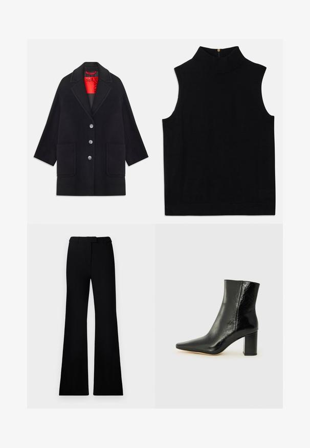 Cappotto di lana nera con un design strutturato, maniche lunghe, due tasche frontali e chiusura a cinque bottoni. Foderato con tessuto rosso brillante.; Top nero senza maniche a collo alto realizzato in materiale morbido, presenta una chiusura con zip sul retro. Design semplice senza motivi o dettagli.; Pantaloni neri svasati con una texture liscia, vita sagomata e tasche frontali, progettati con un profilo elegante e moderno.; Stivale alla caviglia nero in pelle lucida con punta affusolata e tacco squadrato e corposo. Presenta una texture liscia e un design minimalista.