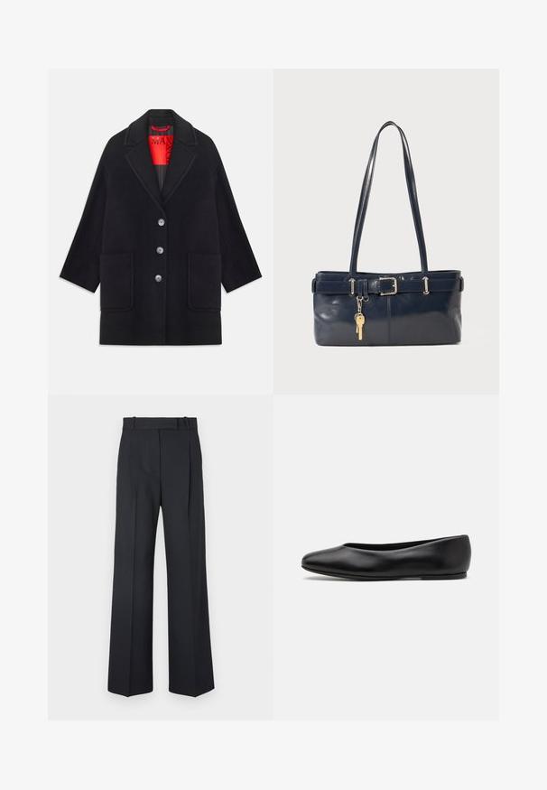Sort uldfrakke med en struktureret design, lange ærmer, to forlommer og fem knaplukninger. Foret med klart rødt stof.; Ribbet, cremefarvet polo skjorte med lange, vidde ærmer og fem knapper. Har en krave med en blød tekstur.; Mørkeblå stribede bukser med høj talje, vidde bendesign og ingen synlig hardware eller dekorationer. Glat tekstur og skræddersyet pasform.; Paul Smith TOPANGA - Ballerinasko - black; Mørkeblå læderhåndtaske med to lange håndtag, en spænde detaljer og en nøglering vedhæftet. Den har en glat tekstur og en rektangulær form.