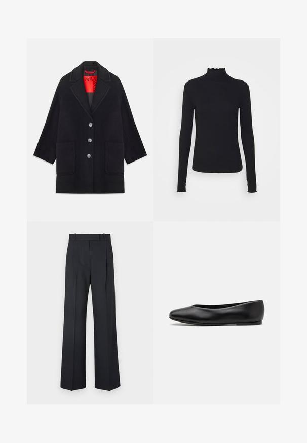 Abrigo de lana negra con un diseño estructurado, mangas largas, dos bolsillos frontales y cinco cierres de botón. Forrado con tela de un brillante color rojo.; Top negro de manga larga con cuello alto, hecho de tejido suave, que presenta un cuello con volantes y una silueta ajustada con bordes simples.; Pantalones oscuros de rayas con un diseño de cintura alta y pierna ancha, sin hardware o adornos visibles. Textura suave y ajuste entallado.; Paul Smith TOPANGA - Bailarinas - black