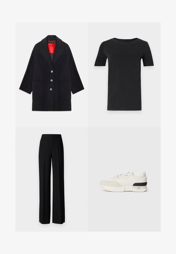 Cappotto di lana nera con un design strutturato, maniche lunghe, due tasche frontali e chiusura a cinque bottoni. Foderato con tessuto rosso brillante.; T-shirt nera a maniche corte realizzata in cotone morbido, con scollatura rotonda e vestibilità classica. Texture liscia, senza fantasie o decorazioni.; Pantaloni neri a gamba larga con una texture liscia, dotati di una vita alta e pieghe centrali. Nessun motivo visibile o dettagli in metallo.; Sneaker bianca con una punta in suede testurizzato, parte superiore in mesh liscia, lacci decorativi e un accento sul tallone in gomma nera.