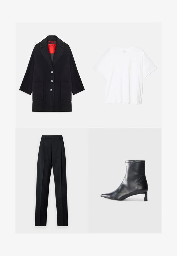 Must musträtik, millel on struktureeritud disain, pikad varrukad, kaks eesmist taskut ja viis nupukuulutust. Vooder rõõmsas punases kangas.; Valge puuvillane T-särk lühikeste varrukatega, ümmargune kaelus, mugav lõige ja õmmeldud serv. Silt nähtav kaela seest.; Mustad püksid siledast kangast, millel on kõrge vöökoht, laiad jalad, esimesed kortsud ja klassikalised vööloopid. Küljepockets pole nähtavad.; Mustad mustall nahkasaabas terava nina ja stiilse disainiga. Omab madalat konts ja luku sulgemist taga. Sile tekstuur.