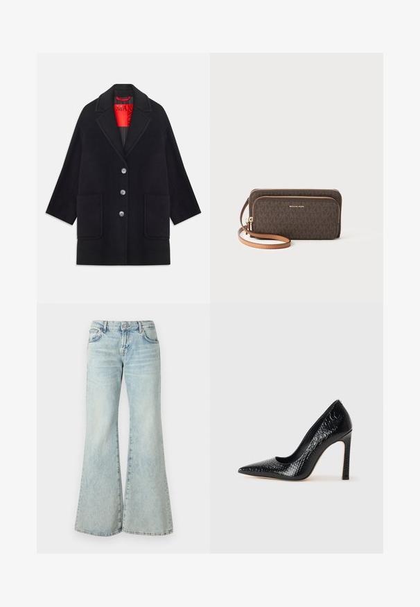 Schwarzer Wollmantel mit strukturiertem Design, langen Ärmeln, zwei Fronttaschen und fünf Knopfverschlüssen. Gefüttert mit leuchtend rotem Stoff.; Schwarzes Tanktop mit dünnen Spaghetti-Trägern, aus geripptem Stoff, mit geradem Schnitt und einem Etikett am Hals, auf dem "IVY OAK" steht.; Hellblaue Schlagjeans aus Denim, mit hoher Taille, Taschen und ausgefransten Säumen. Der Stoff hat eine verblasste Waschung und eine subtile Textur.; Schwarzer, spitz zulaufender High Heel mit Krokodilleder-Struktur, elegantem Design, hohem Stiletto-Absatz und glattem schwarzen Innenraum.; Braune gemusterte Geldbörse mit einem Reißverschluss, goldenen Beschlägen und einem abnehmbaren, beige farbenen Riemen. Auf der Vorderseite befindet sich das "MICHAEL KORS"-Logo.