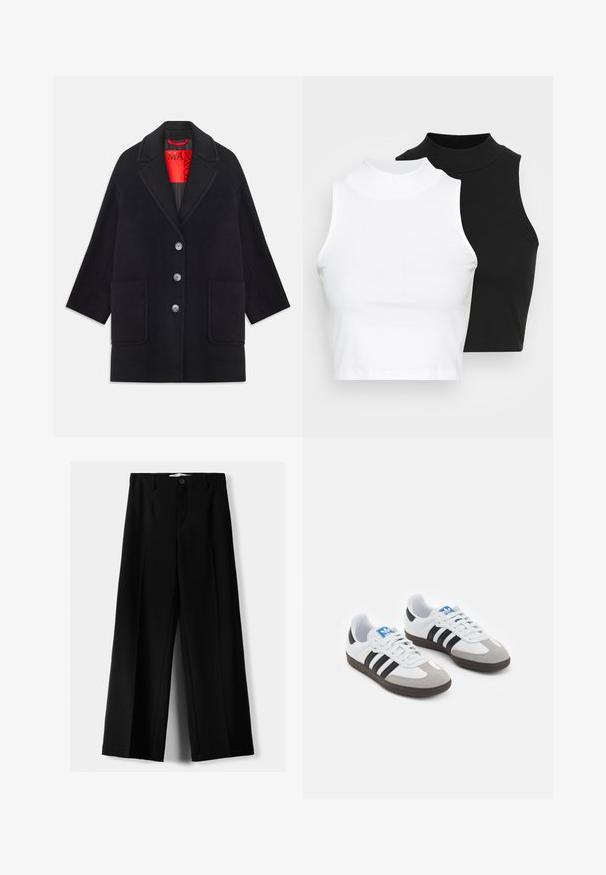 Schwarzer Wollmantel mit strukturiertem Design, langen Ärmeln, zwei Fronttaschen und fünf Knopfverschlüssen. Gefüttert mit leuchtend rotem Stoff.; Zwei ärmellose, gerippte Rollkragenoberteile in Schwarz und Weiß, mit einer figurbetonten Passform und glatter Textur sowie einer cropped Länge.; Schwarze weite Hosen aus leichtem Stoff, mit einem Knopfverschluss vorne und flachem Bund, mit sorgfältig genähten Säumen.; Sportschuhe mit einem Obermaterial aus weißem Leder, grauer Wildleder-Zehenkappe und drei schwarzen Streifen. Sie verfügen über ein blaues Logo auf der Zunge und eine strukturierte Gummisohle.