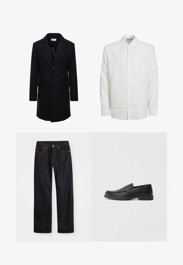 Manteau en laine bleu marine foncé au fit ajusté, à boutonnage simple, avec revers en pointe et deux poches à l'avant, doté d'une fermeture à bouton.; Chemise blanche à manches longues en lin, avec un devant à boutons, un col classique et une texture subtile. Les manches se terminent au poignet avec des poignets à boutons.; Jean en denim noir pour hommes, coupe droite, avec cinq poches et surpiqûres orange, fermeture par bouton et zip à la taille avant.; Mocassins en cuir noir avec une finition lisse, tige de style moccasin, détails cousus et semelle en caoutchouc. Design classique avec un talon bas.