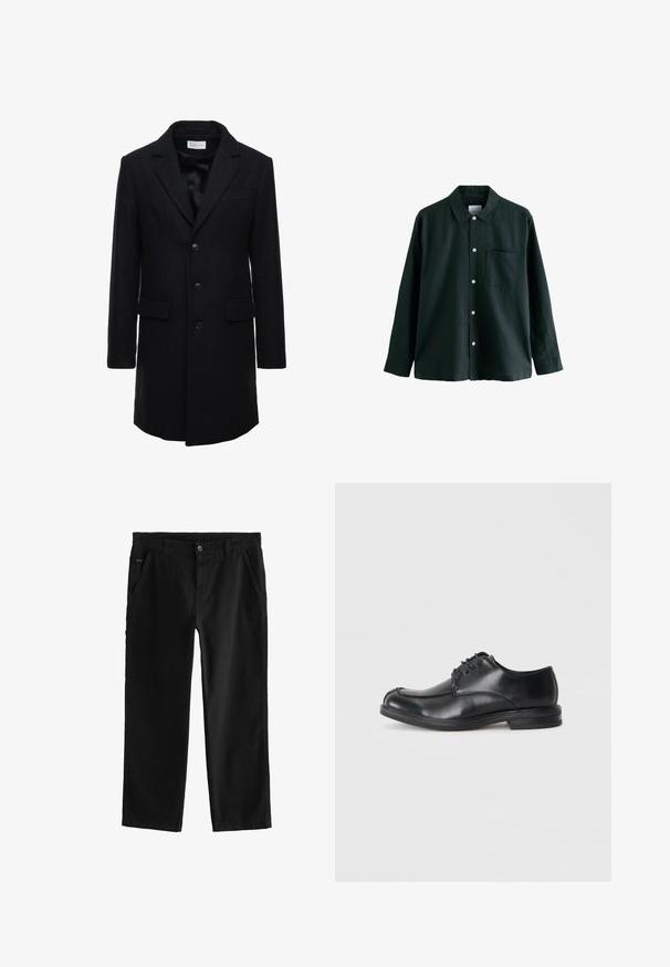 Tamsiai mėlynas vilnonis paltas su pritaikytu siluetu, vieno mygtuko uždarymu, smailiais atlapais ir dviem priekinėmis kišenėmis.; Tamsiai žalia marškinėliai su apykakle, ilgomis rankovėmis ir viena krūtinės kišene; turi baltus mygtukus ir švelnų tekstūrą.; Juodi medvilniniai kelnės su tiesiu dizainu, su priekiniais mygtukais, įstrižais šoninėmis kišenėmis ir subtiliomis siuvimo detalėmis.; Juodi odiniai bateliai su raišteliais, su apvalia nosimi, lygiu paviršiumi ir žemu kulnu. Yra siuvimo detalės viršuje ir šonuose.
