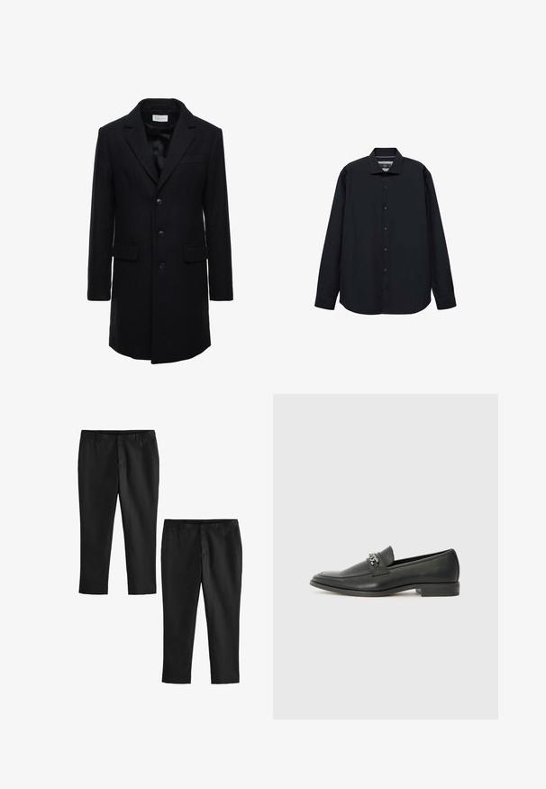 Tamno plavi vuneni kaput s krojem prilagođenim tijelu, jednorednim dizajnom, šiljastim reverima i dva prednja džepa, s kopčanjem na gumb.; Crna košulja dugih rukava izrađena od glatkog materijala. Ima prednji dio na dugmad, kragnu i ležeran kroj s zaobljenim rubom.; Crne krojene hlače s glatkom teksturom, s ravnim krojem nogavica i srednje visokim strukom. Prikazane su dvije varijante, od kojih su jedne skraćene.; Crna kožna loafer cipela s glatkom finišem, s ušivenim uzorkom i dekorativnim metalnim lancem preko prednjeg dijela. Ravni potplat.