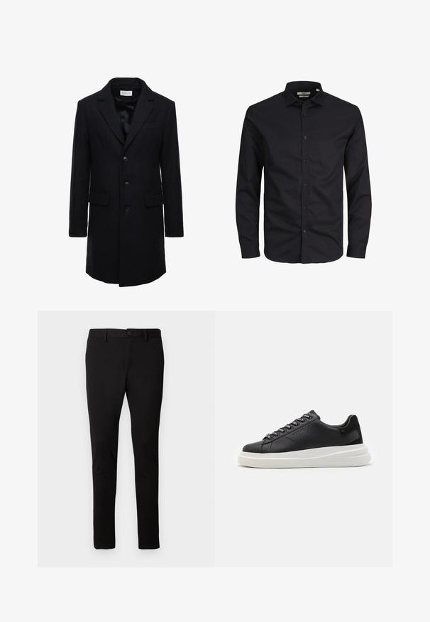 Tumšs jūraszila vilnas mētelis ar pielāgotu piegriezumu, vienkrūšu dizains, izteiktas atloks un diviem priekšējiem kabatām, ar pogu aizdari.; Melnas garām piedurknēm pogājama krekls, izgatavots no kokvilnas, ar uzmavu apakšu, priekšējo pogu un klasisku piegriezumu. Gluda tekstūra, bez rakstiem.; Melni pieguļoši bikses ar jostu cilpām, priekšējo pogu un rāvējslēdzēju, izstādītas uz vienkārša gaiša fona.; Melnas ādas sporta kurpes ar baltu gumijas zoli, kurām ir plakanas saites un zīmola acs. Mīksta tekstūra ar kontrastējošu sānu akcentu.