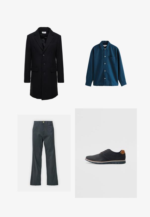 Dunkelblauer Wollmantel mit tailliertem Schnitt, einreihigem Design, Spitzenrevers und zwei Fronttaschen, mit Knopfverschluss.; Blaue langärmlige Button-Up-Bluse mit klassischem Kragen, einer einzelnen Brusttasche und weißen Knöpfen. Weicher Stoff mit leichtem Glanz.; Schwarze Hose mit geradem Bein, aus einem Baumwollmix. Verfügt über einen Metallknopfverschluss und seitliche Taschen. Keine sichtbaren Muster.; Schwarze synthetische Schuhe mit einer strukturierten Oberseite, glatten Akzenten, braunem Absatz und einer kontrastierenden Sohle. Verfügt über minimale Schnürung und Nähdetails.