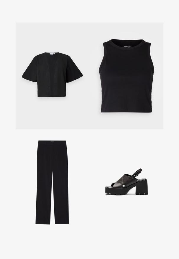 Melnā īsām piedurknēm tops ar V-veida kaklu, izgatavots no viegla auduma. Brīvs dizains ar minimālām šuvēm, bez aizdarem.; Melna ribota īsā topa ar apaļu kakla izgriezumu un bez piedurknēm. Izgatavota no mīksta, elastīga auduma, ar tīrām apgrieztām malām.; Melni korduroja bikses ar taisnu piegriezumu, ar plakanu jostasvietu un bez redzamām kabatām, gluda tekstūra un vertikālas ribas detaļa.; Melni ādas augstpapēžu sandales ar masīvu platformu, krustenisku siksnu dizainu, regulējamu sprādzi un teksturētu zoli.