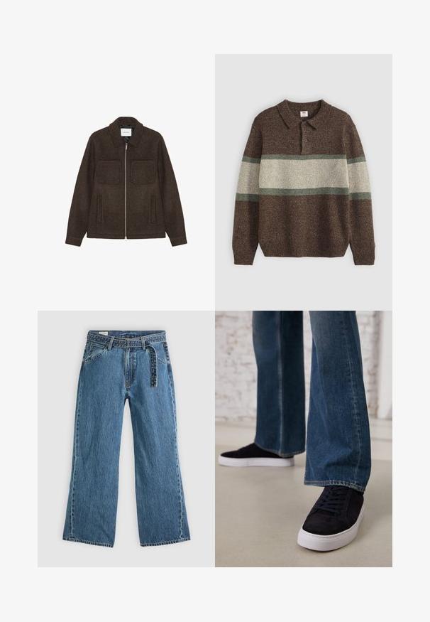Casaco de lã castanho-escuro com fecho éclair, duas pockets no peito, duas pockets laterais e gola.; Pulôver tricotado castanho com gola e três botões. Apresenta largas riscas horizontais em bege e verde. Tecido texturizado com punhos canelados.; Jeans de ganga azuis de perna larga com cinto preso, bolsos frontais e costura visível sobre um fundo claro.; Tênis de camurça azul escuro com sola de borracha branca e atacadores, combinados com jeans de perna larga em um tom de azul médio.