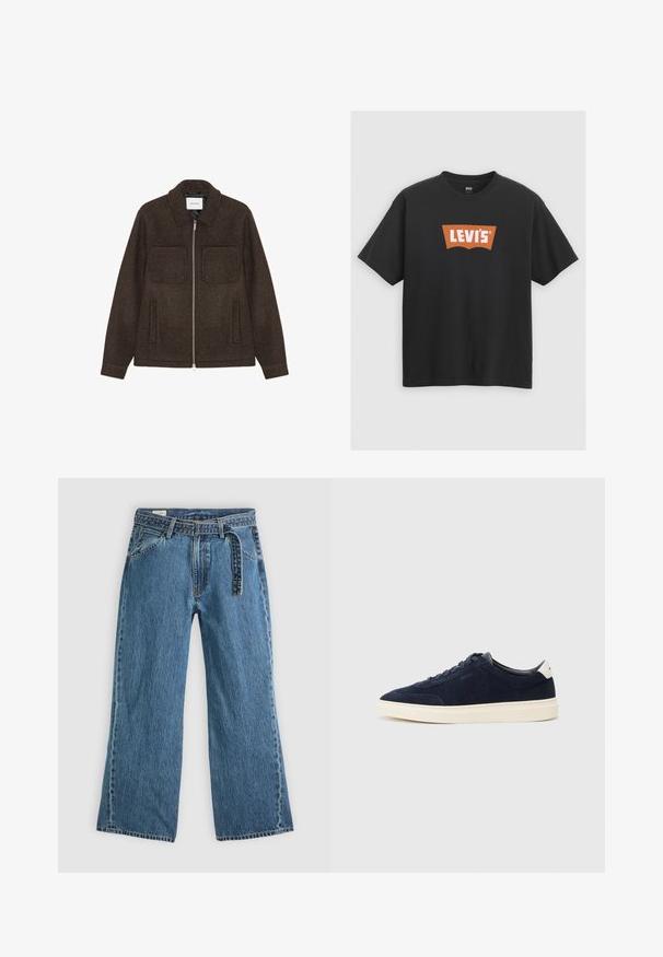 Tumši brūns vilnas jaciņa ar rāvējslēdzēju, divām krūšu kabatām, divām sānu kabatām un apkakles kaklu.; Melnā kokvilnas T-krekls ar lielu oranžu Levi's logo uz priekšpuses, īsām piedurknēm un apaļu kakla izgriezumu.; Zilas džinsa platās kājas bikses ar pievienotu jostu, priekšējām kabatām un redzamiem šuvumiem uz vienkārša gaiša fona.; Jūras zilas zamša tenisītes ar gludu auduma virsu, baltu gumijas zoli un vienkāršu auklu dizainu. Satur nelielu logotipu sānos.