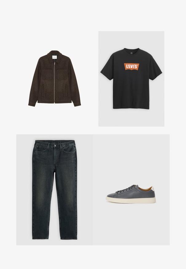 Temno rjava volnena jakna z zadrgo, z dvema žepoma na prsih, dvema stranskima žepoma in ovratnikom.; Črna bombažna majica s kratkimi rokavi, ki ima spredaj velik oranžen logotip Levi's in krožni izrez.; Temno modri traper hlače z ravnim krojem, opremljene s petimi žepi, zadrgo in kontrastnim šivom. Nežna bledica na tkanini.; Sive usnjene superge z okroglo konico, gumijastim podplatom, ravnimi vezalkami in svetlimi poudarki na peti. Gladka textura in minimalističen dizajn.