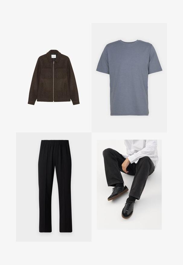 Mørkebrun ull zip-up jakke med to brystlommer, to sidelommer og krage.; Grå kortermet T-skjorte med rund hals, laget av myk bomullsblanding. Enkel design, ingen mønstre eller accenter.; Svart, elastisk midjebukser med rett ben-design, med en glatt tekstur og uten synlige mønstre eller maskinvare.; Svarte joggesko med en glatt og teksturert overflate, med gummisåle og mørke snører. Kombinert med svarte jeans og en hvit stripet skjorte.