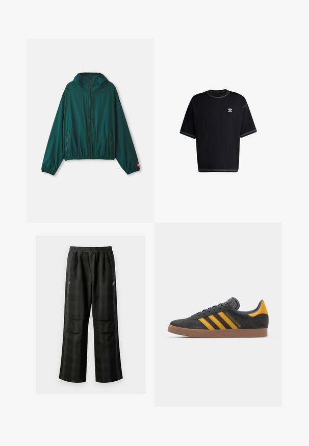 Grønn, lett jakke med glidelås foran, justerbar hette, elastisk nederkant og to sidelommer. Har røde logo-accenter på ermet.; Svart bomulls T-skjorte med korte ermer. Har rund hals og hvite sømdetaljer. Liten hvit Adidas-logo på venstre bryst.; Svarte rutete bukser med elastisk midje, to frontlommer og løs passform med rett ben-design. Laget av lett materiale.; Sort skinnesko i svart semsket skinn med gule detaljer, med tre striper og en brun gummisåle. Inkluderer en polstret tunge for komfort.