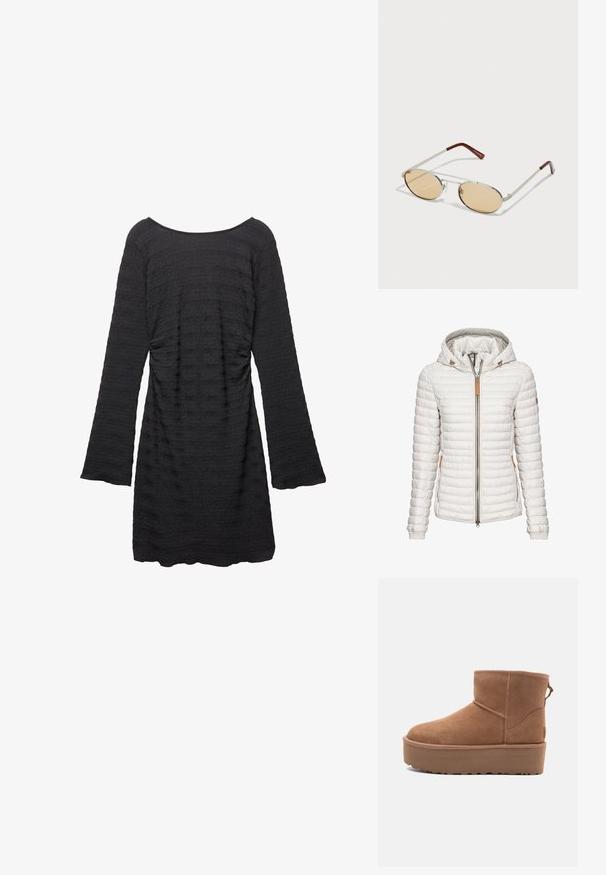 Lichte, witte gewatteerde jas met een capuchon, gestikte ontwerp, voorkant met rits en tan leren accenten op de kraag en zakken.; Zwarte jurk met lange klokmouwen, textuurstof met horizontale strepen, ronde halslijn en geplooide zijdetails.; Tan suède enkellaars met een platformzool, ronde neus en stiksels; heeft een trekband aan de achterkant voor gemakkelijke instap.; Metalen zonnebril met ovale, lichtbruine getinte lenzen. Slank zilveren frame met getextureerde accenten en roestbruin uiteinden op de armen.