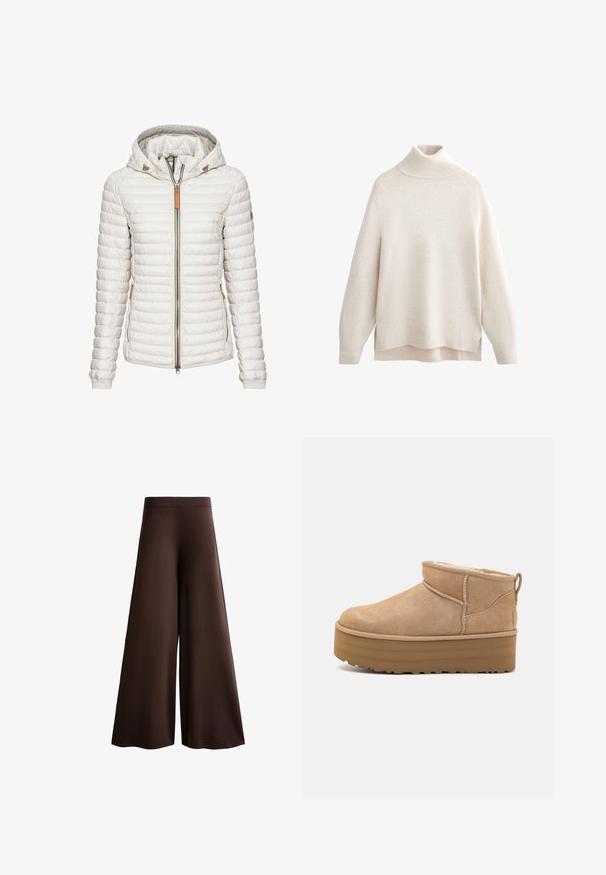 Lightweight, white puffer jacket with a hood, quilted design, front zipper, and tan leather accents on the collar and pockets.; Cream turtleneck sweater, ribbed collar and cuffs, soft knit texture, relaxed fit, side slits, and slightly longer back hem.; Brown wide-leg trousers made of soft fabric, featuring a high waist, subtle texture, and a fluid silhouette with no visible closures or embellishments.; Beige suede ankle boots with a plush interior, featuring a platform sole and a pull tab at the back for easy wear. Textured rubber outsole.