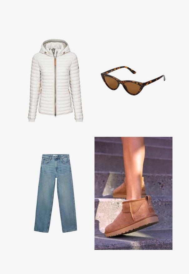 Lightweight, white puffer jacket with a hood, quilted design, front zipper, and tan leather accents on the collar and pockets.; Beige turtleneck sweater made of soft fabric, featuring a ribbed collar and hems, relaxed fit, and long sleeves. Smooth texture, minimal design.; Light blue denim jeans with a straight leg design, high waist, five pockets, and contrast stitching. No embellishments or patterns present.; Tan suede ankle boots with a soft texture, stitched detailing, and a rubber sole, featuring a looped heel for easy wear.; Cat-eye sunglasses with a black and orange tortoiseshell frame, brown lenses, and sleek, pointed tips. Features a minimal logo on the temple.