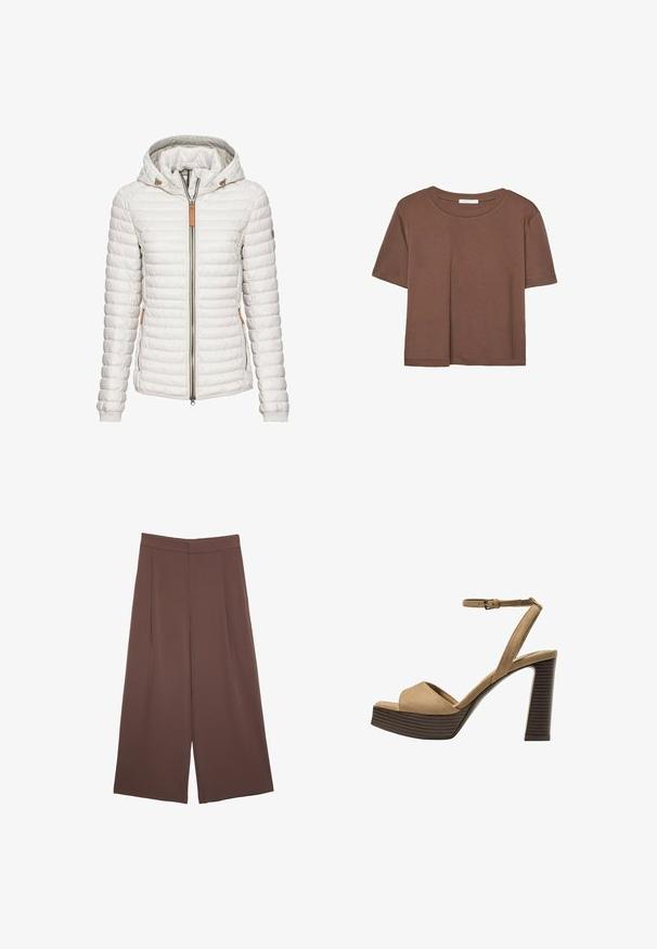 Lightweight, white puffer jacket with a hood, quilted design, front zipper, and tan leather accents on the collar and pockets.; Brown short-sleeve t-shirt made of soft fabric, with a round neckline and relaxed fit. No visible patterns or accents.; Brown wide-leg trousers with a smooth texture, featuring a high waist and front pleats. The fabric is lightweight and flows loosely.; Beige suede high-heeled sandals with a wide front strap and ankle strap, featuring a chunky wooden block heel with a textured finish.