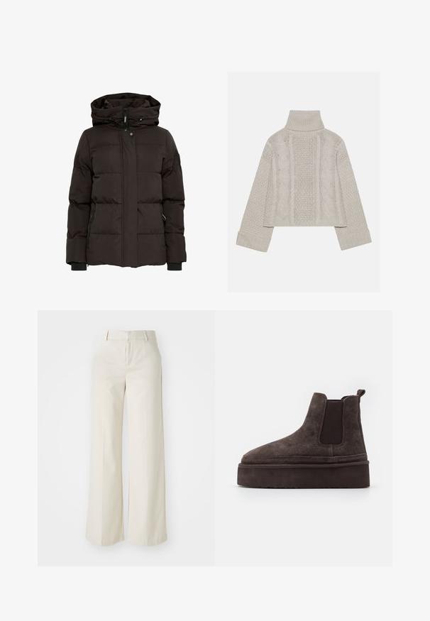 Jachetă puf negură cu glugă, având un design cu quiltare orizontală, fermoar frontal, închidere cu capse și buzunare laterale cu fermoar.; Pulover tricotat, de culoare gri deschis, cu guler înalt și manșete ribbrate, având modele texturate de cabluri pe spate și pe laturi.; Pantaloni cu picioare largi, de culoare bej deschis, dintr-un material neted. Prezintă un brâu clasic și un față plată cu linii curate.; Cizme Chelsea din suede maro, cu panouri elastice pe laterale și o talpă groasă, texturată. Dispun de un obiect de prindere la călcâi pentru a facilita îmbrăcarea.