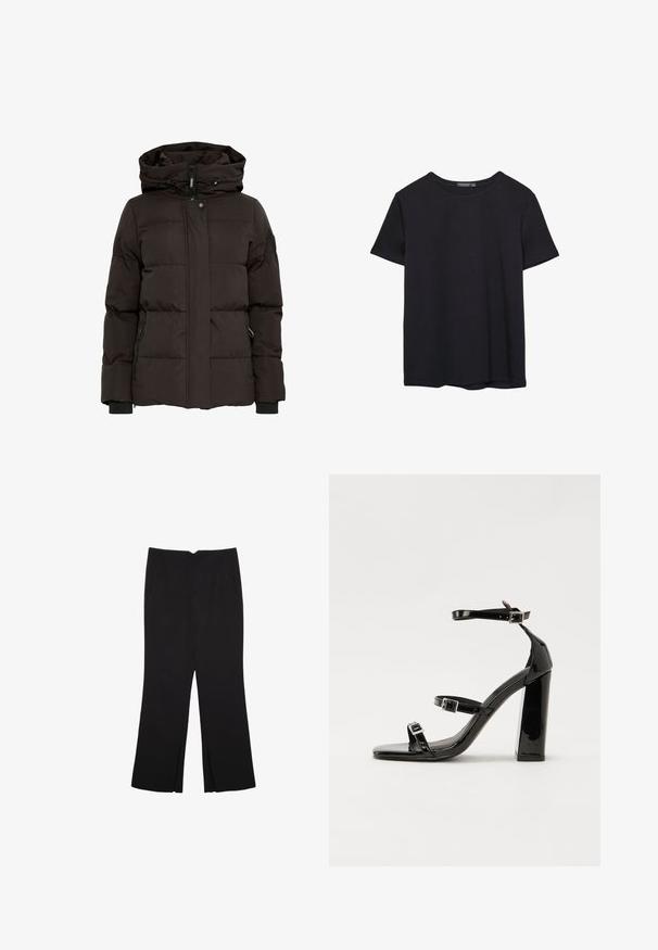 Sort dunjakke med hætte, udstyret med horisontalt quiltet design, frontlynlås, trykknaplukning og sidelommer med lynlåse.; Simpel sort kortærmet bomulds T-shirt med rund hals, præsenteret på en hvid baggrund.; Sorte bukser med lige pasform, der har frontlommer og slidser i kanten. Lavet af blødt, glat stof. Velegnet til forskellige anledninger.; Sorte laklædersandaler med høje hæle, to spænderemme, firkantet tå og en kraftig blokhæl, der har en glat, blank overflade.
