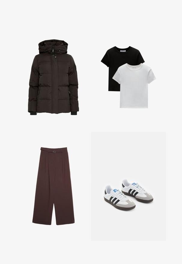 Sort dunjakke med hætte, udstyret med horisontalt quiltet design, frontlynlås, trykknaplukning og sidelommer med lynlåse.; To crew-neck t-shirts i sort og hvid, lavet af bomuld. De har korte ærmer og et ensfarvet design uden mønstre eller accenter.; Stradivarius WIDE-LEG WITH BUCKLE DETAIL - Bukser - dark brown; Sportsko med en overdel i hvid læder, grå ruskind på tåen og tre sorte striber. Har et blåt logo på tungen og en struktureret gummisål.