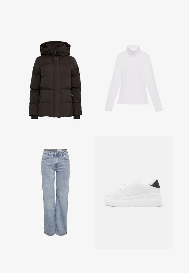 Sort dunjakke med hætte, udstyret med horisontalt quiltet design, frontlynlås, trykknaplukning og sidelommer med lynlåse.; Hvid langærmet turtle-neck top lavet af glat, strækbart stof. Har en høj krave og tætsiddende design, uden synlige mønstre eller udsmykninger.; Lyseblå vidde jeans lavet af denim, med høj talje, fem-lomme design og subtil falmning for et slidt look.; Hvide platform sneakers lavet af glat syntetisk materiale, med en afrundet tå, snørebåndsdesign og en struktureret gummisål. Sorte hæl akcent.