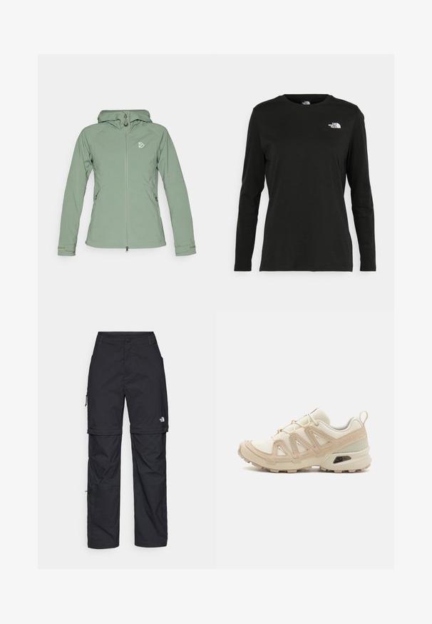 Giacca softshell verde chiaro con cappuccio, zip frontale e logo sul petto. Presenta maniche adattate e tasche laterali. Tessuto liscio.; T-shirt nera a maniche lunghe in cotone con colletto rotondo. Presenta un piccolo logo bianco sul lato sinistro del petto. Design semplice e vestibilità comoda.; Pantaloni cargo in nylon nero con zip rimovibile, polsini regolabili, molteplici tasche e un logo sulla gamba destra. Tessuto liscio e leggero.; Scarpa atletica beige e crema con tomaia in mesh testurizzato, sovrapposizioni supportive e suola in gomma con un motivo a tasselli per la trazione.