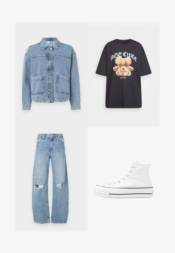 Šviesiai mėlynas džinsinis švarkas su apykakle, mygtukų uždarymu, dviem priekinėmis kišenėmis ir šiek tiek trumpu kraštu. Pasižymi išblukusiu tekstūru.; Juodas per didelis marškinėliai su bearo grafika ir tekstu "NE SIAUBINGA, BET NERAMUS" bold baltomis raidėmis. Pagaminta iš medvilnės.; Šviesiai mėlynos, aukštu juosmeniu džinsai pagaminti iš džinsinio audinio. Turi plačias kojų kelnes, dvi suplėšytas kelio vietas ir klasikinį penkių kišenių dizainą.; Balti aukštakulniai drobės sportbačiai su juodu guminio pado, priekinio guminio piršto dangteliu ir šešiais akytėmis raištams, pasižymintys švariu, minimalistiniu dizainu.