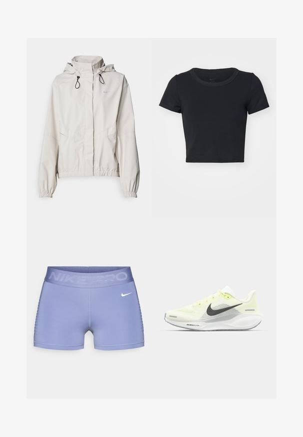 Lichtbeige ritsjack met capuchon, elastische manchetten en twee voorzakken. Bevat het Nike-logo in zilver op de bovenste linkerzijde.; Zwart cropped T-shirt gemaakt van zachte, rekbare stof. Beschikt over een ronde halslijn en korte mouwen met een eenvoudig ontwerp.; Nike Pro compressie shorts in lichtpaars, met een brede tailleband met "NIKE PRO" tekst, een gladde textuur en een patroonaccent aan de zijkant.; Nike hardloopschoenen met een lichtgele en witte mesh bovenkant, grijze accenten en een flexibele rubberen zool. Voorzien van een vetersluiting.