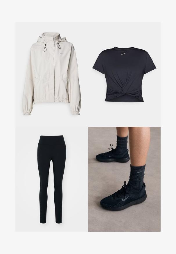 Lichtbeige ritsjack met capuchon, elastische manchetten en twee voorzakken. Bevat het Nike-logo in zilver op de bovenste linkerzijde.; Zwarte sportieve T-shirt van gladde stof, met een geknoopt ontwerp aan de voorkant en een klein wit Nike-logo op de borst.; Zwarte leggings van rekbaar materiaal met een hoge tailleband. Soepele textuur, slim fit ontwerp en geen zichtbare versieringen of patronen.; Zwarte Nike-sneakers met een gestructureerde breisolen, voorzien van een grijze swoosh-logo, gedragen met donkere geribde sokken. Vlakke rubberen zool.