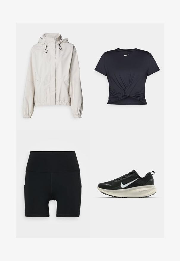 Chaqueta beige clara con cremallera y capucha, puños elásticos y dos bolsillos frontales. Presenta el logo de Nike en plata en la parte superior izquierda.; Camiseta atlética negra hecha de tela suave, con un diseño de nudo en la parte delantera y un pequeño logo blanco de Nike en el pecho.; Pantalones cortos deportivos negros hechos de material elástico, con una cintura alta, diseño ajustado y costuras planas para mayor comodidad y durabilidad.; Zapatilla de running Nike negra con parte superior de malla transpirable, logo Swoosh blanco, detalles texturizados y una entresuela ZoomX de color crema.