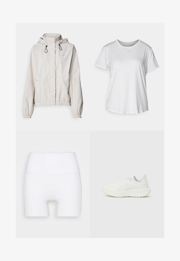 Veste zippée beige clair avec capuche, poignets élastiques et deux poches avant. Présente le logo Nike en argent sur le haut à gauche.; T-shirt blanc à manches courtes en tissu lisse, avec un col rond et un petit logo Nike gris sur la poitrine.; Shorts blancs taille haute en tissu extensible. Fabriqués avec une texture lisse et un design ajusté, sans motifs ni accessoires supplémentaires.; Baskets de sport blanches avec un dessus texturé, un col rembourré et un système de laçage. Elles disposent d'une semelle incurvée et d'un logo discret sur le côté.