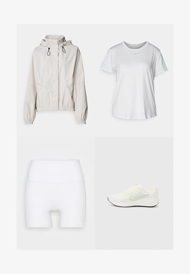 Veste zippée beige clair avec capuche, poignets élastiques et deux poches avant. Présente le logo Nike en argent sur le haut à gauche.; T-shirt blanc à manches courtes en tissu lisse, avec un col rond et un petit logo Nike gris sur la poitrine.; Shorts blancs taille haute en tissu extensible. Fabriqués avec une texture lisse et un design ajusté, sans motifs ni accessoires supplémentaires.; Nike Performance DOWNSHIFTER 13 - Chaussures de running sur route - sail/silver-coloured photon dust/summit white/barely volt/black