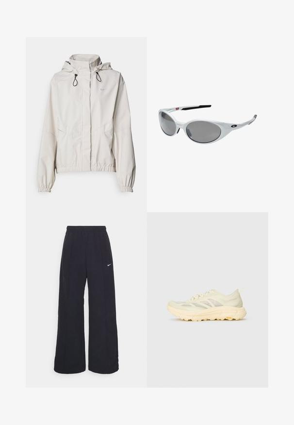 Helles beige Zip-Jacket mit Kapuze, elastischen Bündchen und zwei Fronttaschen. Auf der oberen linken Seite befindet sich das silberne Nike-Logo.; Langärmliges Oberteil mit hohem Kragen aus einem weichen, cremig weißen Stoff. Verfügt über eine glatte Textur und eine taillierte Passform, ohne Muster oder sichtbare Beschläge.; Schwarze weit geschnittene Hosen mit einem elastischen Bund und einem kleinen weißen Nike-Logo. Der Stoff hat eine glatte Textur und ist für Komfort und lässiges Tragen konzipiert.; Helle beige Sport-Sneaker mit durchscheinendem Obermaterial, dicker gepolsterter Sohle, seitlichen Schnürsenkeln und Vibram-Logo auf der Außensohle.; Weiße Kunststoff-Sonnenbrille mit großen, ovalen Gläsern in grauer Tönung. Verfügt über schwarze Ohrpolster und ein kleines Logo am Rahmen. Glatte Oberfläche.; Schwarze Handschuhe aus synthetischem Material mit einer passgenauen Form, ausgestattet mit einem sichtbaren Logo und einer strukturierten Handfläche für besseren Halt. Enthält ein Reißverschlussdetail.