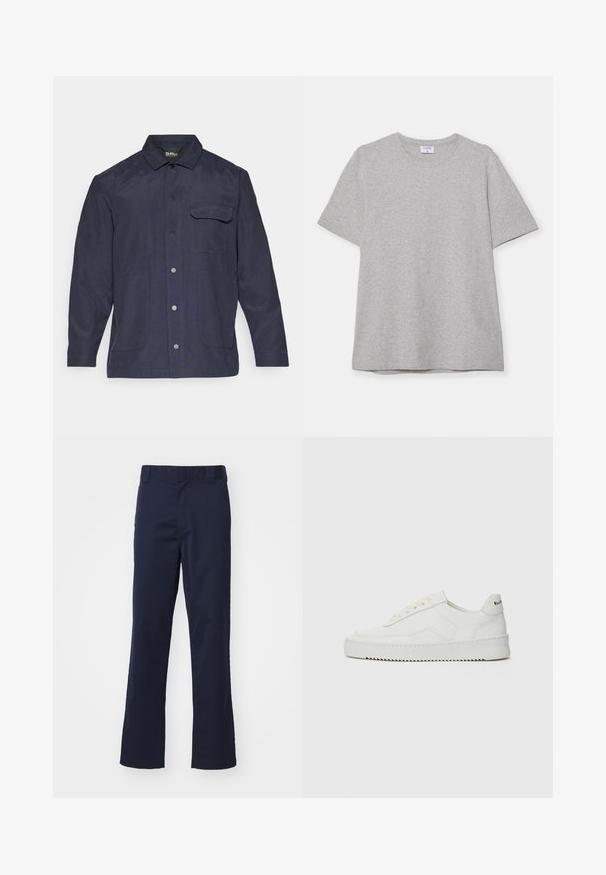 Mornaricja plava jakna napravljena od izdržljive tkanine, s ovratnikom, prednjim kopčanjem na dugmad i dva prednja džepa sa jednim džepom na prsima.; Siva majica s kratkim rukavima napravljena od mekane, teksturirane tkanine. Ima klasičan izrez oko vrata i ravni rub, prikladna za svakodnevno nošenje.; Tamno plave hlače od tkanine, s ravnim krojem, petljama za remen i urednim završetkom na rubu. Bez vidljivih uzoraka ili detalja.; Bijele kožne tenisice s glatkom površinom, okruglim vrhom, ravnim vezicama i teksturiranom potplatom. Imaju suptilan logo na peti.