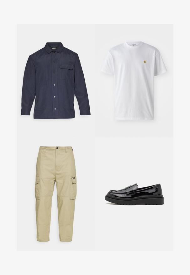 Marineblå jakke laget av slitesterkt stoff, med krage, knappestolpe foran, og to frontlommer samt en enkelt brystlomme.; Hvit bomull t-skjorte med korte ermer, rund hals, med en liten gulllogo på venstre brystområde. Myk tekstur og vanlig passform.; Beige cargobukser laget av slitesterk stoff, med to sidelommer, knappelukking, og smale ben med en jevn tekstur.; Sorte lakkskinn loafers med rund tå, en dekorativ stropp og en tykk svart gummisåle. Glatt, skinnende tekstur med minimal søm.