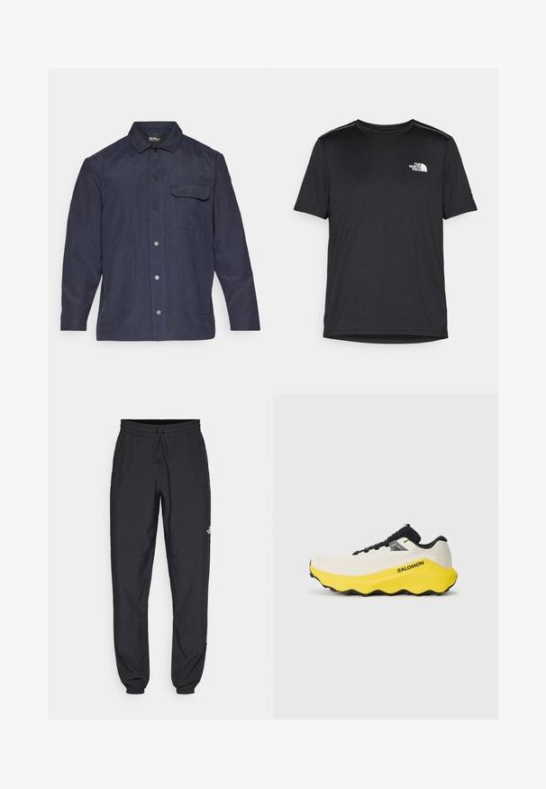 Mornarsko modra jakna iz trpežnega materiala, z ovratnikom, sprednjim gumbom in dvema sprednjima žepoma ter enim žepom na prsih.; Črna kratkosleevena majica iz lahkotnega materiala. Ima majhen bel logo na levem prsnem delu in diskretne poudarke na ramenskem predelu.; Črne atletske hlače iz lahkega materiala, ki imajo elastični pas z vezalko, stranske žepe in zožene manšete na gležnjih.; Tekstilni športni copati z belim mrežastim zgornjim delom, rumenim srednjim delom, črnimi detajli in gumo z vzorcem na podplatu za boljši oprijem. Logo "SALOMON" je prikazan.