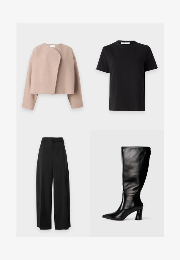 Beige cropped jacket made of wool blend, featuring a round neckline, open front, and long sleeves with a soft, textured finish.; Black short-sleeve t-shirt made of soft cotton, featuring a round neckline, relaxed fit, and a smooth texture. No visible patterns or graphics.; Black wide-leg trousers with a high waist and a belt. Features a smooth texture and clean lines, designed for a relaxed fit.; Knee-high black leather boot with a pointed toe, smooth texture, and a chunky heel. Features a zipper detail at the back.