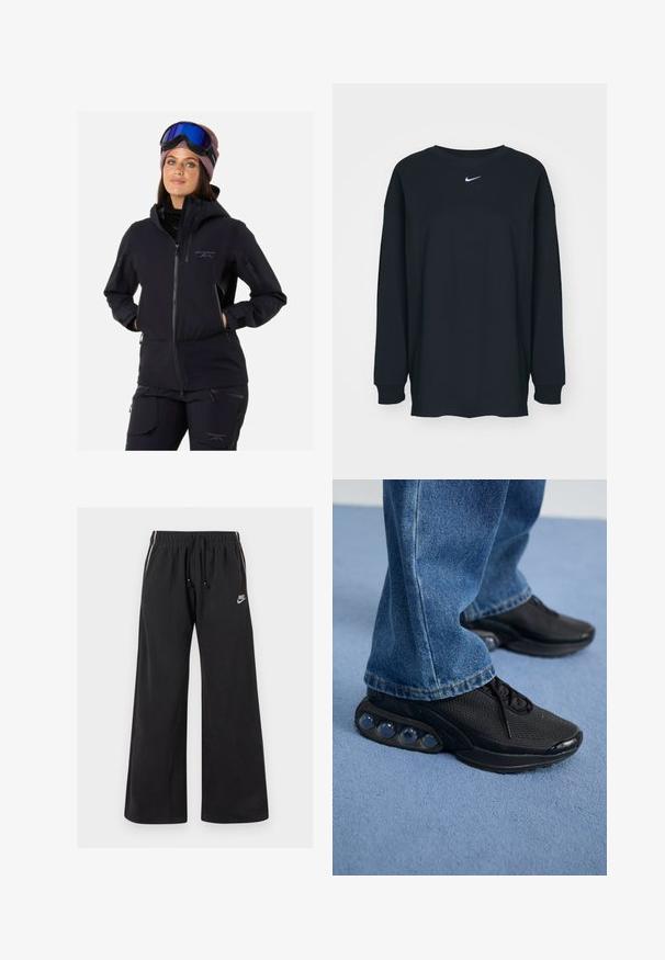 Zwarte skijas met een rits aan de voorkant, capuchon en zakken. Gecombineerd met bijpassende zwarte broeken en een roze gestreepte beanie. Skibril op het voorhoofd.; Zwarte lange mouwen T-shirt van katoen met een ronde hals. Bevat een wit Nike-logo op de borst. Zachte textuur, eenvoudig ontwerp.; Zwarte trainingsbroek van zacht materiaal, met een elastische tailleband met koord, zijstrepen en een klein logo aan de voorkant links.; Zwarte sportieve sneakers met een bovenwerk van mesh, gestructureerde accenten en zichtbare luchtkussentjes in de zool. Gedragen met blauwe denim jeans.