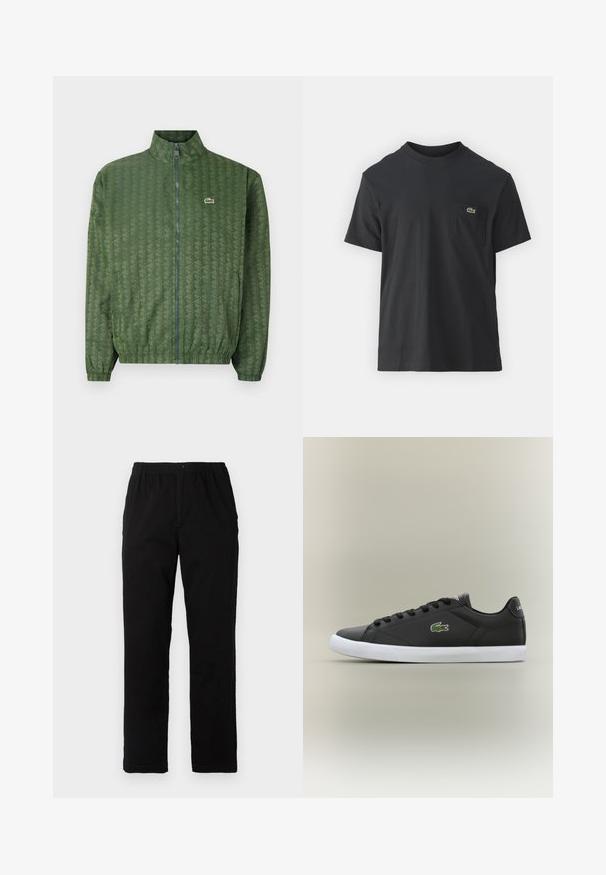 Casaco verde com fecho éclair, padrão geométrico, gola alta, punhos elásticos e um logótipo Lacoste no peito. Material leve.; Camiseta de algodão preta com mangas curtas, decote redondo e um pequeno logo verde no bolso do peito esquerdo. Design simples, corte regular.; Calças pretas feitas de um tecido de algodão misto, com corte reto, cintura elástica com botão e sem padrões ou detalhes visíveis.; Tênis de couro preto com sola de borracha branca, apresentando um logotipo de crocodilo verde e cadarços redondos, design elegante com textura suave.