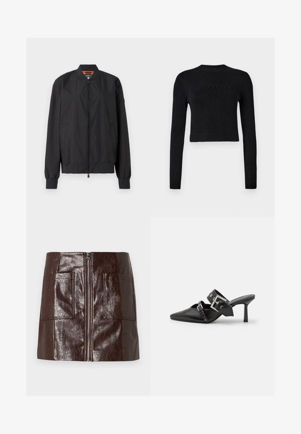Fekete bomberdzseki, könnyű nylonból készült, cipzáros záródással és bordás mandzsettával. Simasága mellett oldalsó zsebekkel és kontrasztos bélésével rendelkezik.; Fekete, hosszú ujjú, rövidített pulóver bordázott mandzsettával és szegéllyel, finoman kiemelkedő logóval a mellkas felett.; Barna műbőr mini szoknya, elülső cipzárral, két nagy elülső zsebbel és sima, fényes felülettel.; Fekete magassarkú mules, hegyes orral, sima bőrből készült. Széles bokapántja van, négyzet alakú ezüst csattal és szegecsekkel.