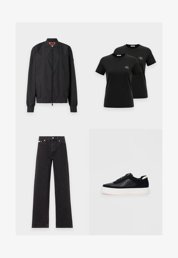 Casaco bomber preto feito de nylon leve, com fecho de zip e punhos em ribanas. Textura suave, com bolsos laterais e forro interior em contraste.; Duas t-shirts pretas de manga curta com decote redondo e pequenos logotipos cinzentos "CK Calvin Klein" no lado esquerdo do peito, apresentadas num fundo branco.; Jeans de perna larga pretos feitos de denim, apresentando uma cintura alta, estilo de cinco bolsos e um fecho em botão de metal com costura contrastante.; Sapatilha preta com painéis de pele lisa e camurça, atacadores planos, bico arredondado e sola de borracha branca. Logótipo distinto no calcanhar.