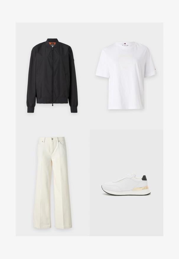 Melns bumbvedēja stila apģērbs, izgatavots no viegla nālona, ar rāvējslēdzēju un ribotām piedurknēm. Gluda tekstūra ar sānu kabatām un kontrastējošu iekšējo oderi.; Balts kokvilnas T-krekls ar apaļu kaklu, īsām piedurknēm un smalku dzeltenu logo dizainu, kas lasa "HILFIGER NEW YORK 1985". Standarta izgriezums.; Platās kāju baltās džinsas, izgatavotas no kokvilnas maisījuma auduma. Tām ir rāvējslēdzēja josta, piecu kabatu dizains un šuvju izšuvumi gar šuvēm.; Baltas sporta apavs ar gludu virsmu, ar melnu papēža akcentu un zeltītu metāla detaļu uz vidus zoles. Saista dizains, gumijas zole.